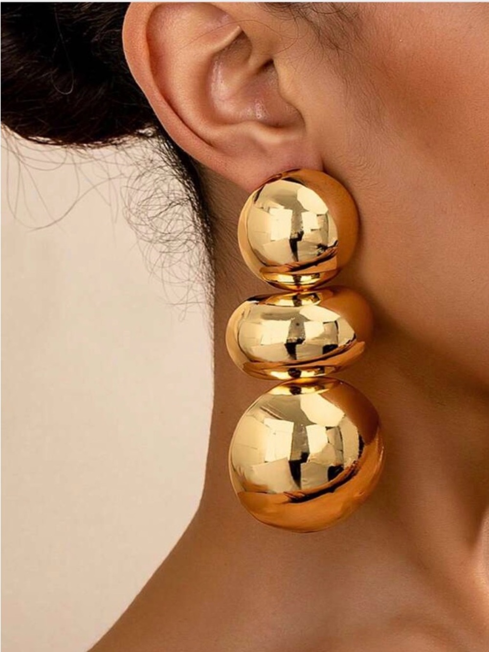 Gold Triple Orb Drop Earrings - Elegant Women Jewelry
